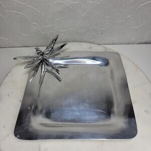 Vintage IHI India Dragonfly Plate 8.5" Silver Aluminum Square Metal Serving Tray